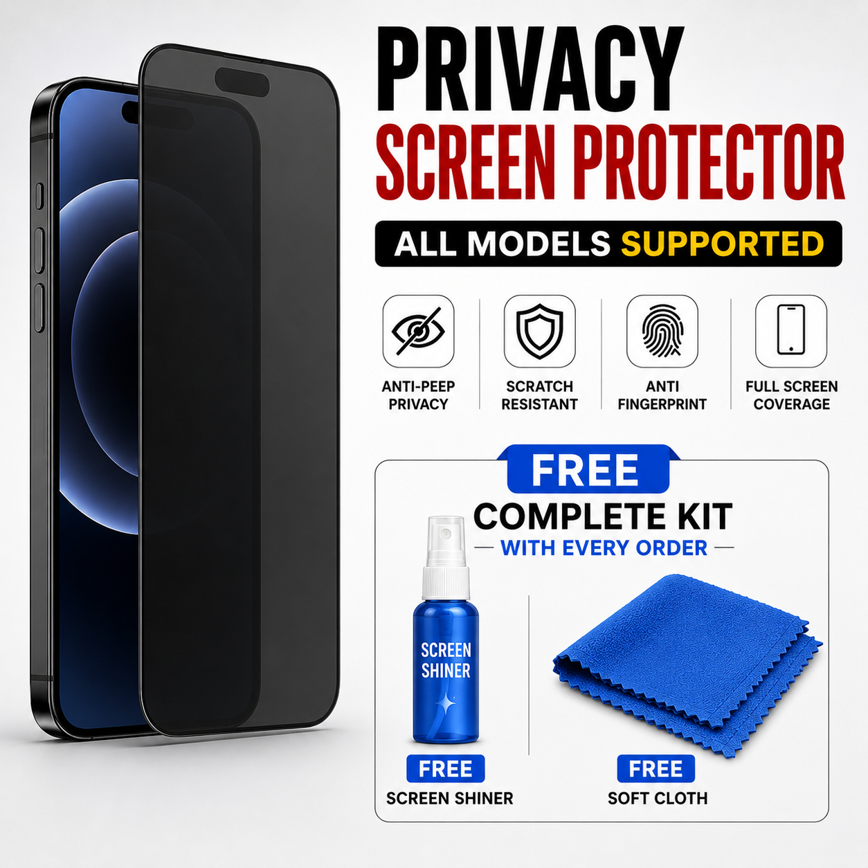 Privacy Tempered Screen Protector For All Models With Free Shiner Spray and Soft Cloth