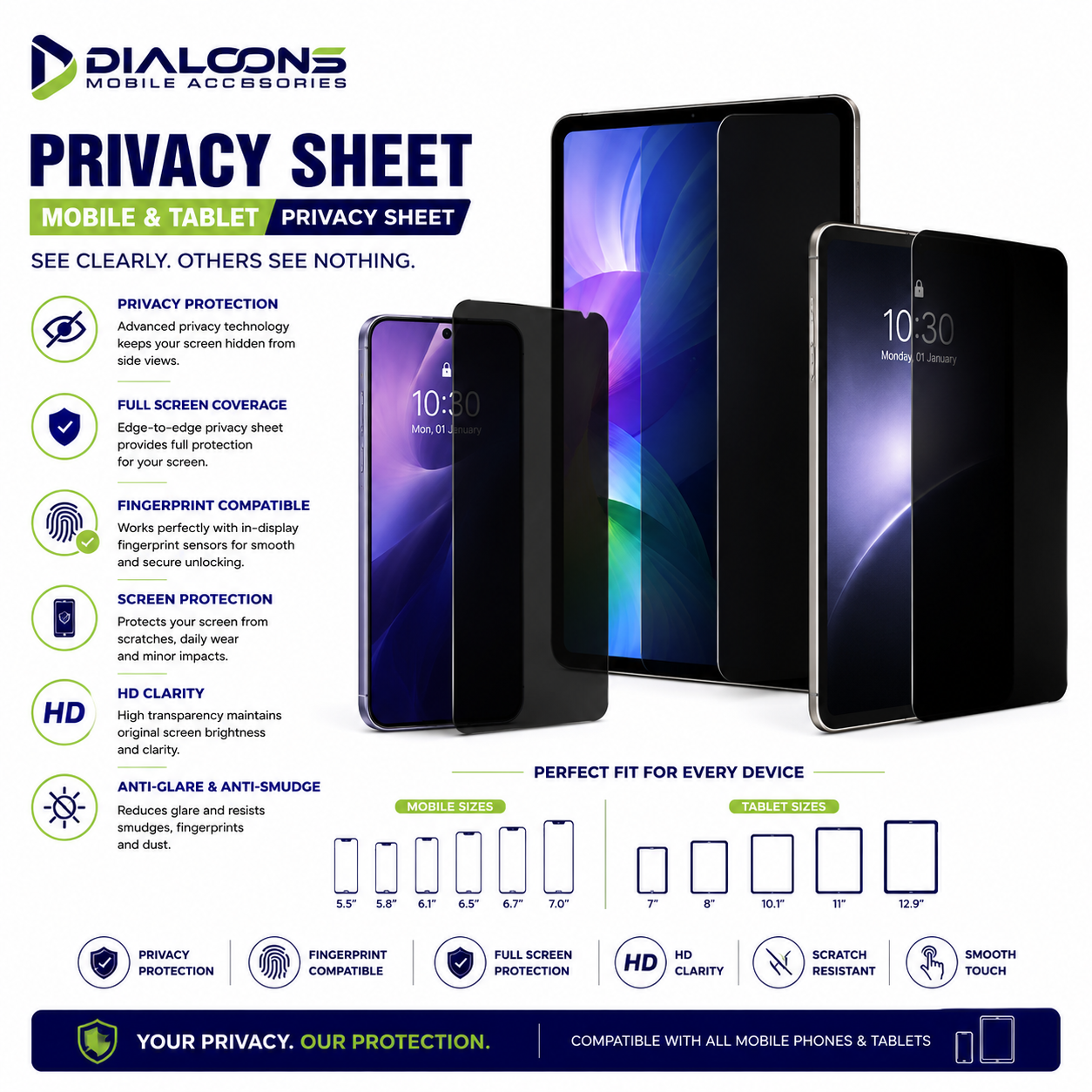 Anti-Spy Matte Privacy Sheet, HD Clear Privacy Sheet with Fingerprint Working